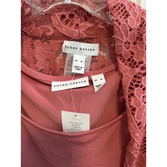 Susan Graver XL Dark Rose Stretch Lace Open Cardigan and Tank Set - Picture 2 of 16